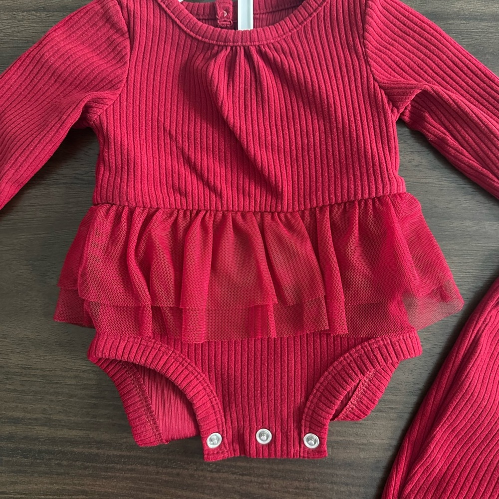 Carter's Red Ribbed Tulle Ruffle Bodysuit & Pants Set - Picture 3 of 3